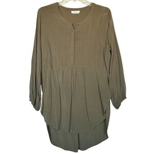 Hopely Boho Chic Olive Green Rayon Tunic Top High-Low Long Sleeve M